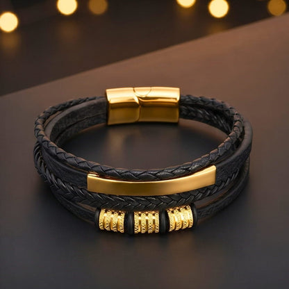 THE MEN THING Leather Bracelet ENGRAVED - GILDED SHADOW BLACK - 25mm Genuine Leather Multi-Layer Bracelet with Stainless Steel Magnetic Buckle for Men & Boys (8 inch)