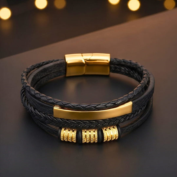 ENGRAVED - GILDED SHADOW BLACK - 25mm Genuine Leather Multi-Layer Bracelet with Stainless Steel Magnetic Buckle for Men & Boys (8 inch)