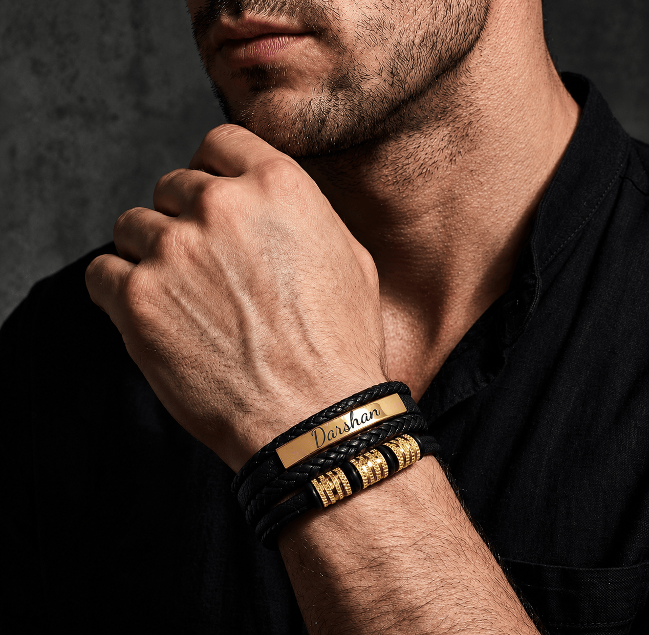 THE MEN THING Leather Bracelet ENGRAVED - GILDED SHADOW BLACK - 25mm Genuine Leather Multi-Layer Bracelet with Stainless Steel Magnetic Buckle for Men & Boys (8 inch)