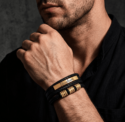 THE MEN THING Leather Bracelet ENGRAVED - GILDED SHADOW BLACK - 25mm Genuine Leather Multi-Layer Bracelet with Stainless Steel Magnetic Buckle for Men & Boys (8 inch)