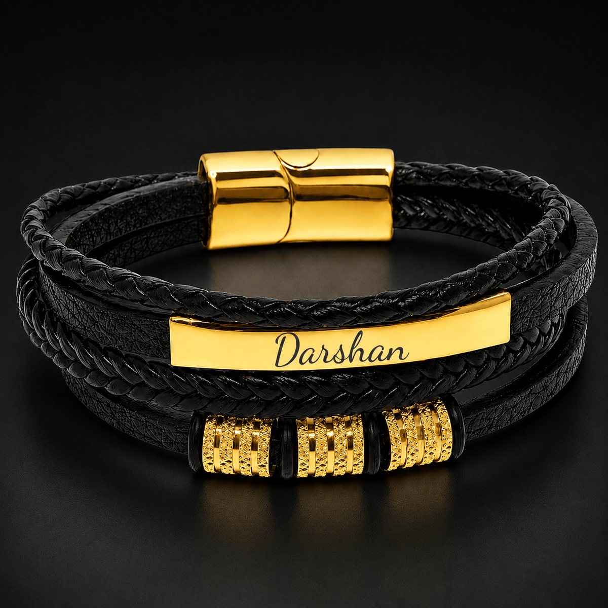 THE MEN THING Leather Bracelet ENGRAVED - GILDED SHADOW BLACK - 25mm Genuine Leather Multi-Layer Bracelet with Stainless Steel Magnetic Buckle for Men & Boys (8 inch)