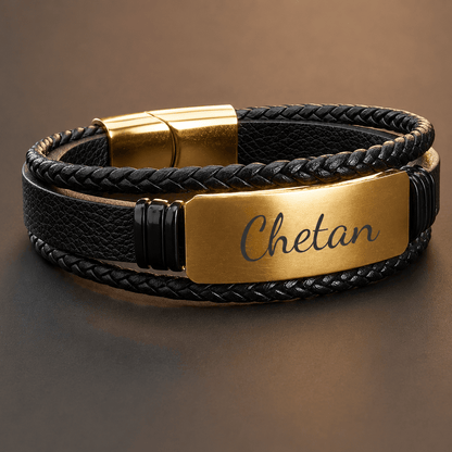 THE MEN THING Leather Bracelet ENGRAVED - GOLDEN PLATE BLACK - 25mm Genuine Leather Bracelet with Stainless Steel Magnetic Buckle for Men & Boys (8 inch)