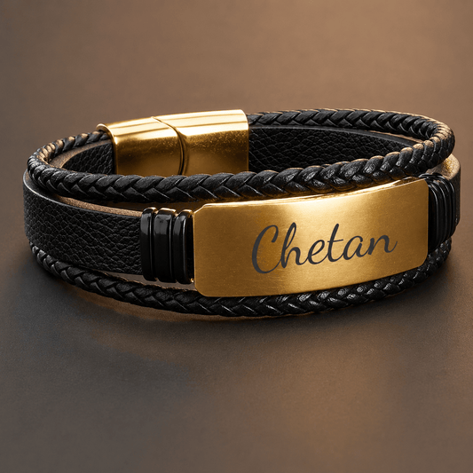 THE MEN THING Leather Bracelet ENGRAVED - GOLDEN PLATE BLACK - 25mm Genuine Leather Bracelet with Stainless Steel Magnetic Buckle for Men & Boys (8 inch)