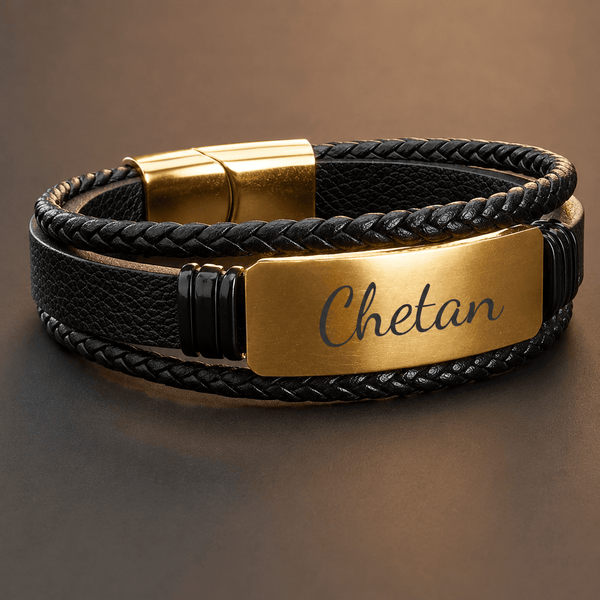 ENGRAVED - GOLDEN PLATE BLACK - 25mm Genuine Leather Bracelet with Stainless Steel Magnetic Buckle for Men & Boys (8 inch)