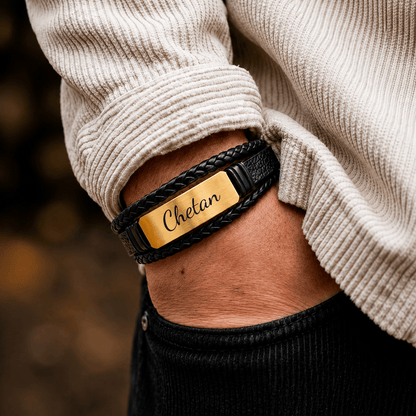 THE MEN THING Leather Bracelet ENGRAVED - GOLDEN PLATE BLACK - 25mm Genuine Leather Bracelet with Stainless Steel Magnetic Buckle for Men & Boys (8 inch)