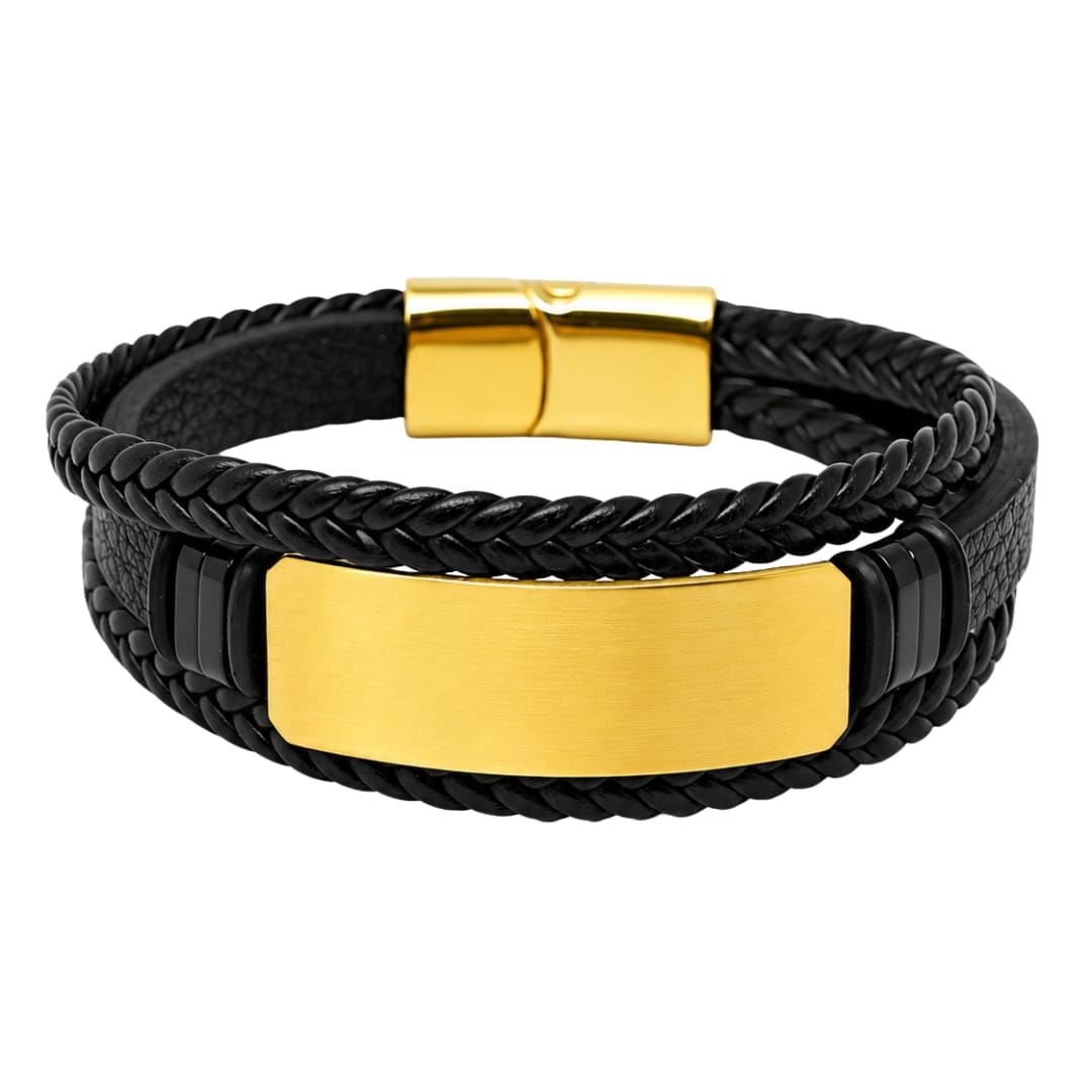 THE MEN THING Leather Bracelet ENGRAVED - GOLDEN PLATE BLACK - 25mm Genuine Leather Bracelet with Stainless Steel Magnetic Buckle for Men & Boys (8 inch)