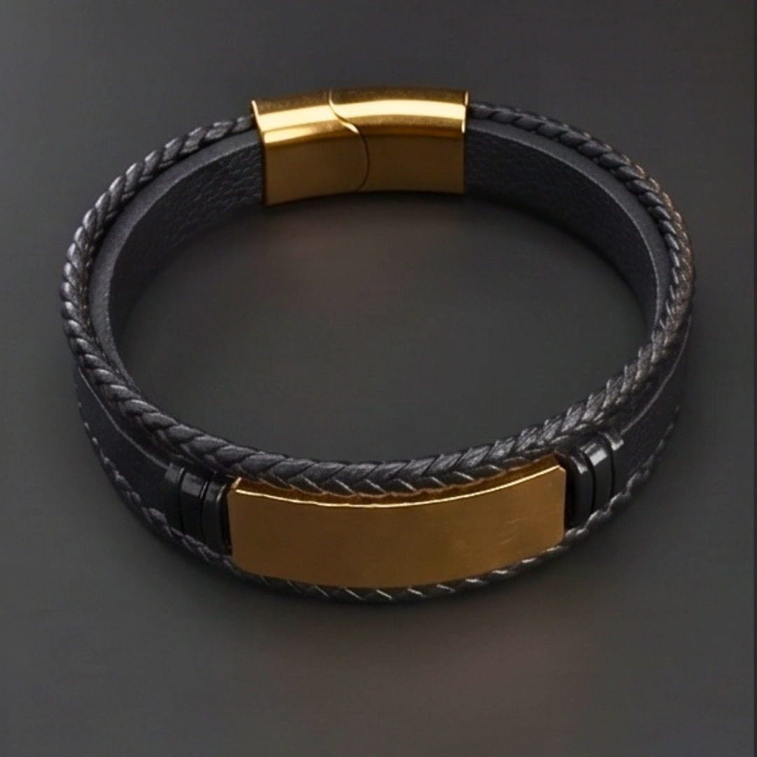 THE MEN THING Leather Bracelet ENGRAVED - GOLDEN PLATE BLACK - 25mm Genuine Leather Bracelet with Stainless Steel Magnetic Buckle for Men & Boys (8 inch)