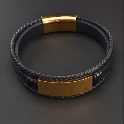 THE MEN THING Leather Bracelet ENGRAVED - GOLDEN PLATE BLACK - 25mm Genuine Leather Bracelet with Stainless Steel Magnetic Buckle for Men & Boys (8 inch)