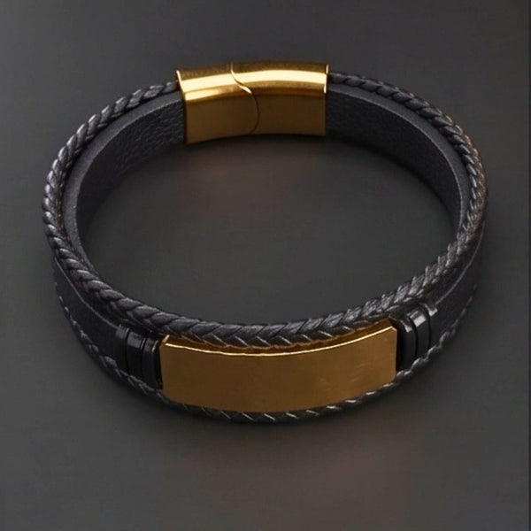 ENGRAVED - GOLDEN PLATE BLACK - 25mm Genuine Leather Bracelet with Stainless Steel Magnetic Buckle for Men & Boys (8 inch)
