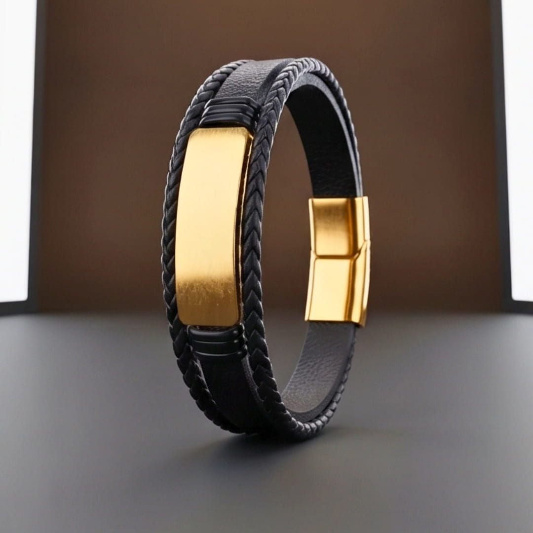 THE MEN THING Leather Bracelet ENGRAVED - GOLDEN PLATE BLACK - 25mm Genuine Leather Bracelet with Stainless Steel Magnetic Buckle for Men & Boys (8 inch)