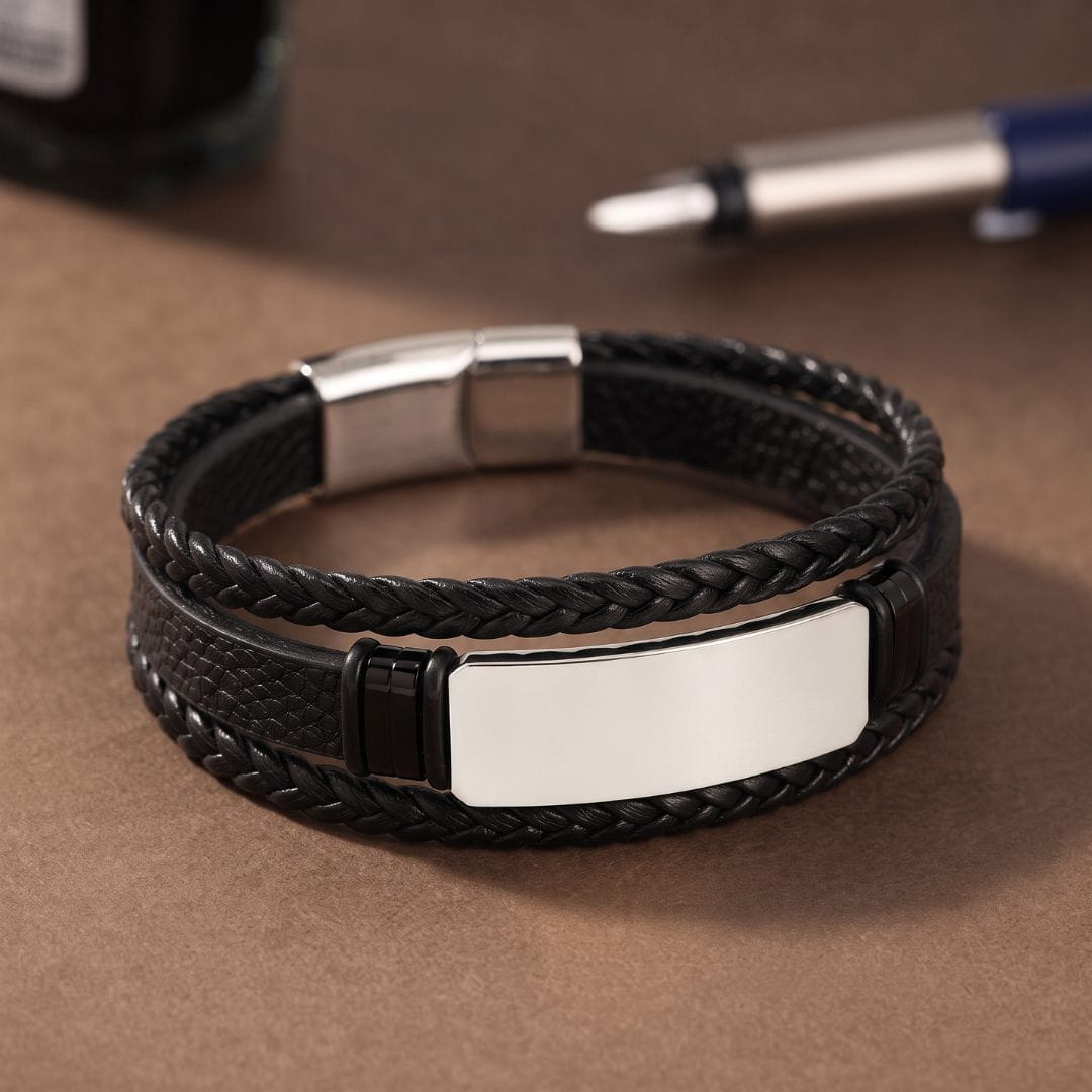 THE MEN THING Leather Bracelet ENGRAVED - STEEL PLATE BLACK - 25mm Genuine Leather Bracelet with Stainless Steel Magnetic Buckle for Men & Boys (8.5 inch)