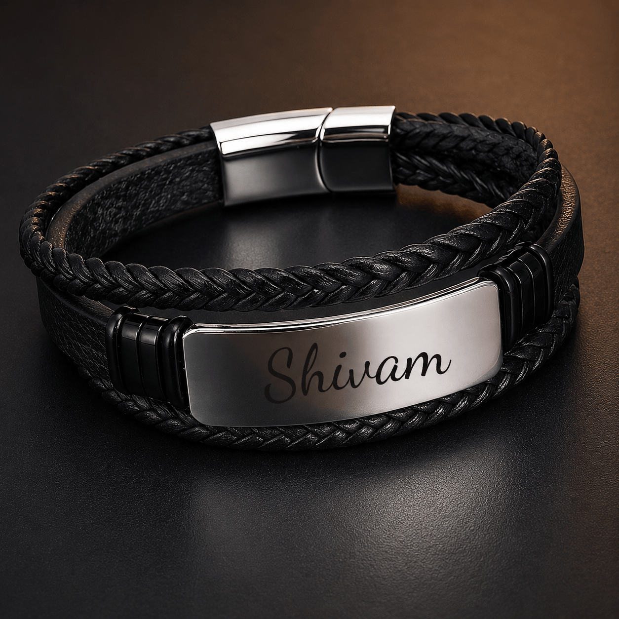 THE MEN THING Leather Bracelet ENGRAVED - STEEL PLATE BLACK - 25mm Genuine Leather Bracelet with Stainless Steel Magnetic Buckle for Men & Boys (8.5 inch)