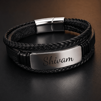 THE MEN THING Leather Bracelet ENGRAVED - STEEL PLATE BLACK - 25mm Genuine Leather Bracelet with Stainless Steel Magnetic Buckle for Men & Boys (8.5 inch)
