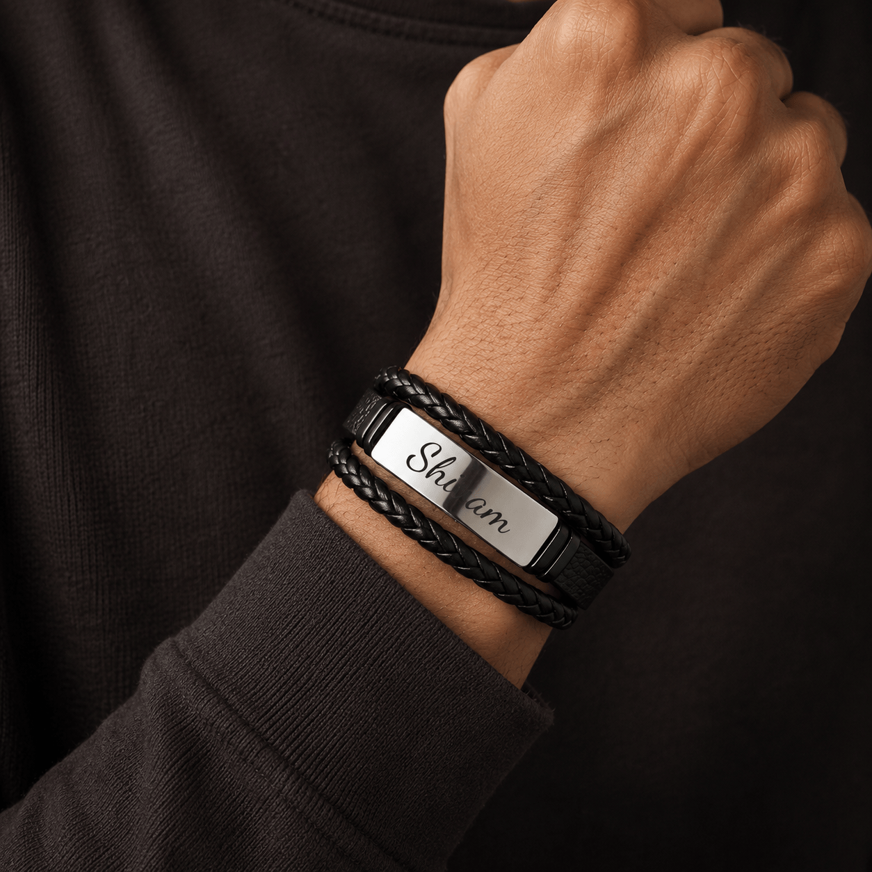 THE MEN THING Leather Bracelet ENGRAVED - STEEL PLATE BLACK - 25mm Genuine Leather Bracelet with Stainless Steel Magnetic Buckle for Men & Boys (8.5 inch)