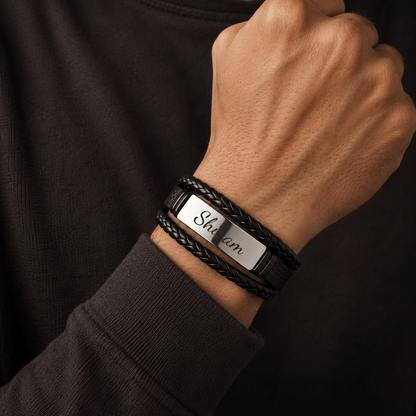 THE MEN THING Leather Bracelet ENGRAVED - STEEL PLATE BLACK - 25mm Genuine Leather Bracelet with Stainless Steel Magnetic Buckle for Men & Boys (8.5 inch)