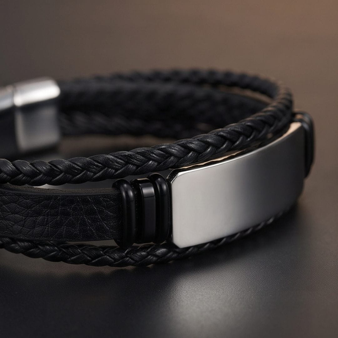 THE MEN THING Leather Bracelet ENGRAVED - STEEL PLATE BLACK - 25mm Genuine Leather Bracelet with Stainless Steel Magnetic Buckle for Men & Boys (8.5 inch)