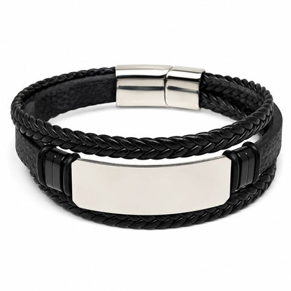 THE MEN THING Leather Bracelet ENGRAVED - STEEL PLATE BLACK - 25mm Genuine Leather Bracelet with Stainless Steel Magnetic Buckle for Men & Boys (8.5 inch)