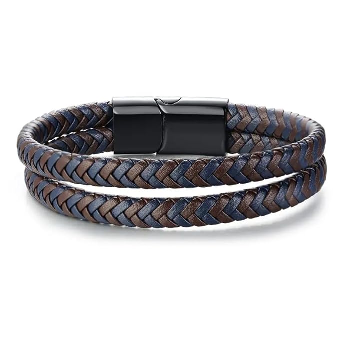 THE MEN THING Leather Bracelet ENIGMA WEAVE BROWN - Double Genuine Leather Braided Bracelet with Stainless Magnetic Buckle for Men & Boy (8 inch)