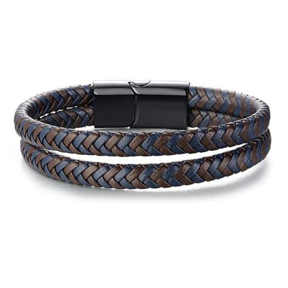 THE MEN THING Leather Bracelet ENIGMA WEAVE BROWN - Double Genuine Leather Braided Bracelet with Stainless Magnetic Buckle for Men & Boy (8 inch)