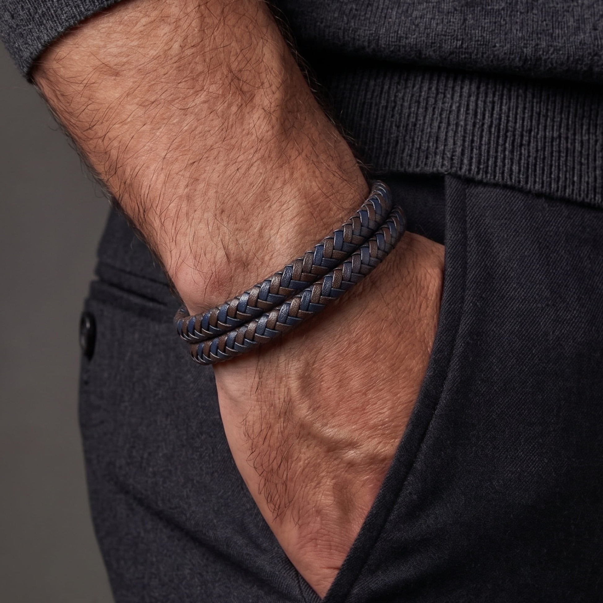 THE MEN THING Leather Bracelet ENIGMA WEAVE BROWN - Double Genuine Leather Braided Bracelet with Stainless Magnetic Buckle for Men & Boy (8 inch)