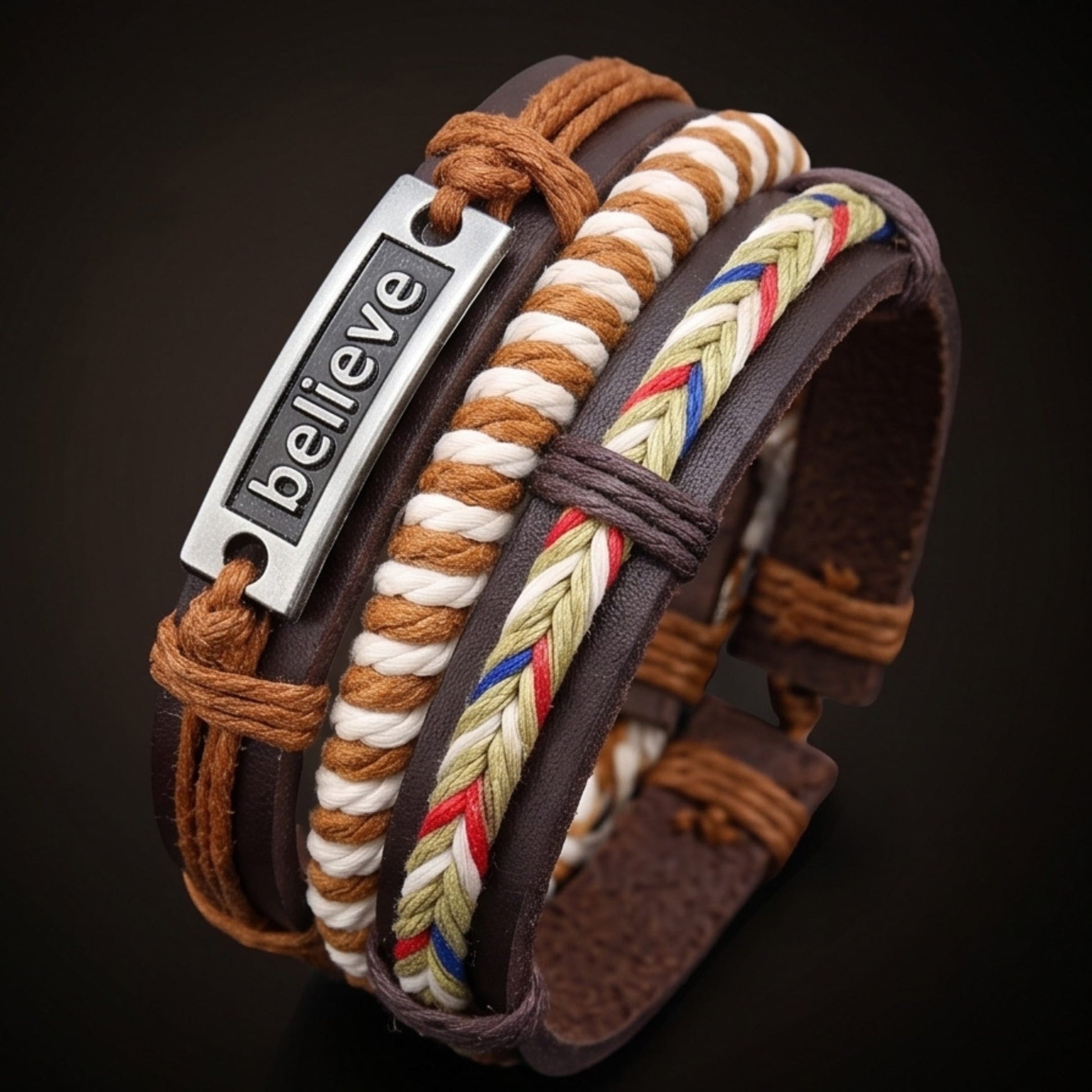 THE MEN THING Leather Bracelet ETHNO BELIEVE - 6 Pcs Genuine Leather Adjustable Bracelet for Men & Boys