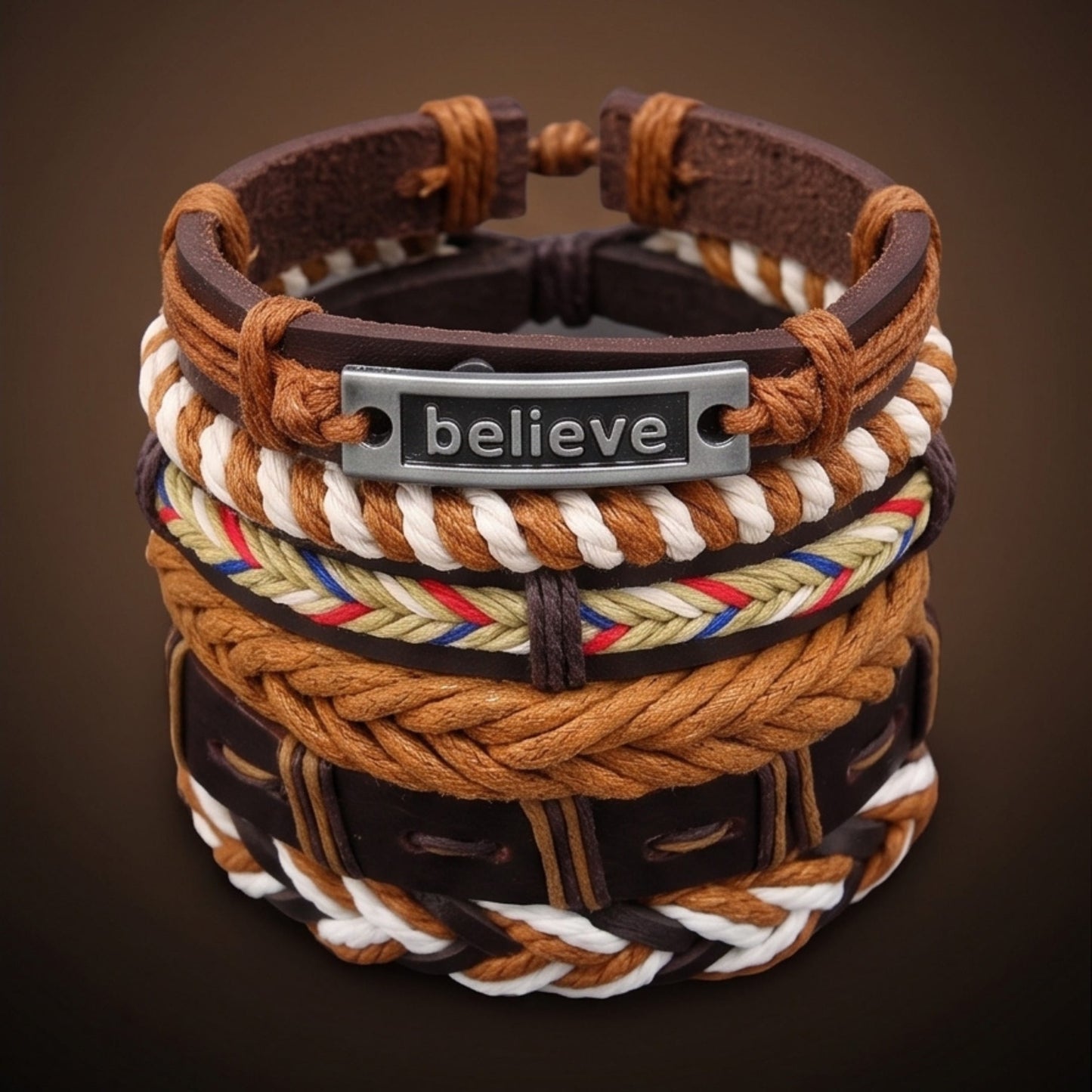 THE MEN THING Leather Bracelet ETHNO BELIEVE - 6 Pcs Genuine Leather Adjustable Bracelet for Men & Boys