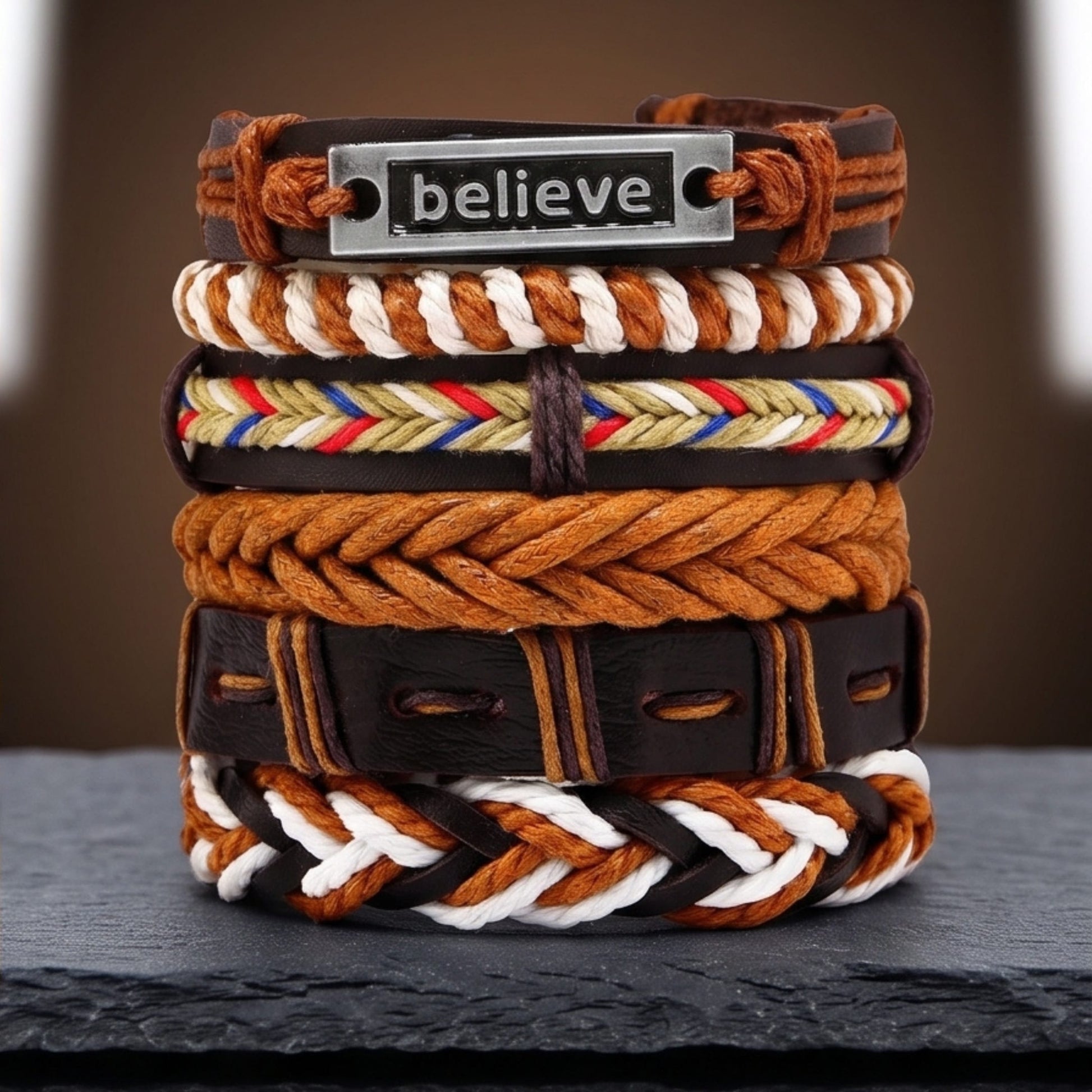 THE MEN THING Leather Bracelet ETHNO BELIEVE - 6 Pcs Genuine Leather Adjustable Bracelet for Men & Boys