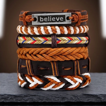 THE MEN THING Leather Bracelet ETHNO BELIEVE - 6 Pcs Genuine Leather Adjustable Bracelet for Men & Boys