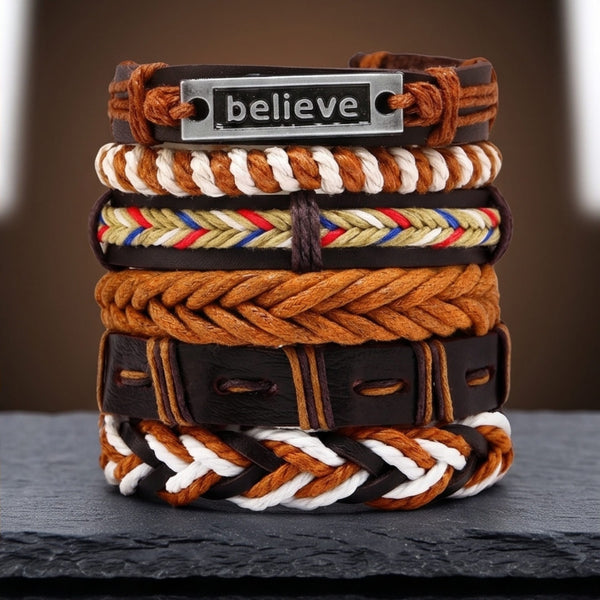 ETHNO BELIEVE - 6 Pcs Genuine Leather Adjustable Bracelet for Men & Boys