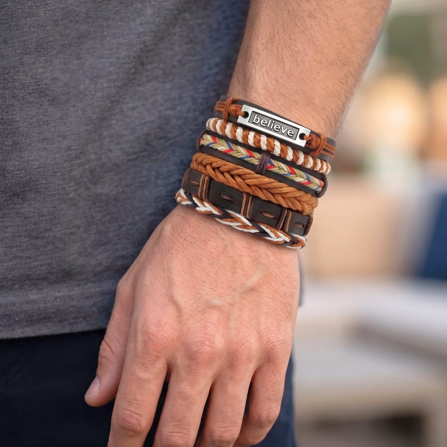 THE MEN THING Leather Bracelet ETHNO BELIEVE - 6 Pcs Genuine Leather Adjustable Bracelet for Men & Boys