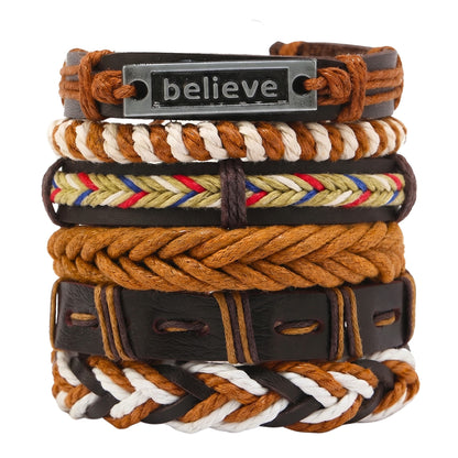 THE MEN THING Leather Bracelet ETHNO BELIEVE - 6 Pcs Genuine Leather Adjustable Bracelet for Men & Boys