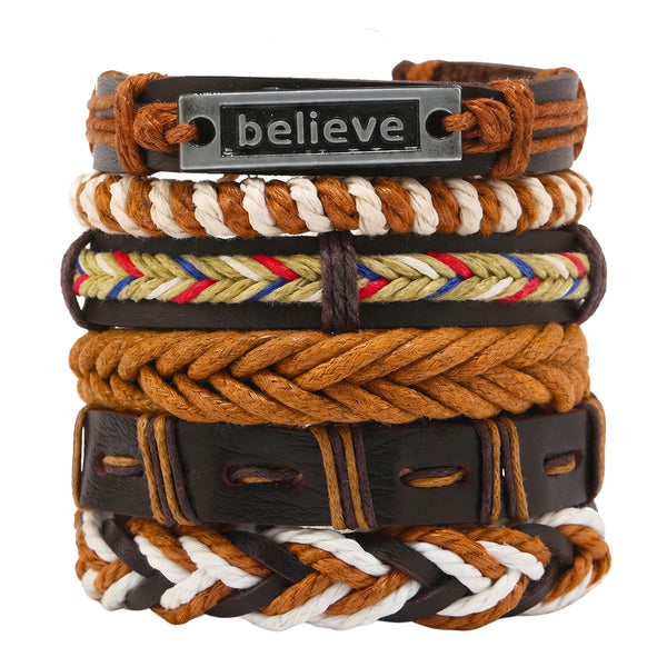 ETHNO BELIEVE - 6 Pcs Genuine Leather Adjustable Bracelet for Men & Boys