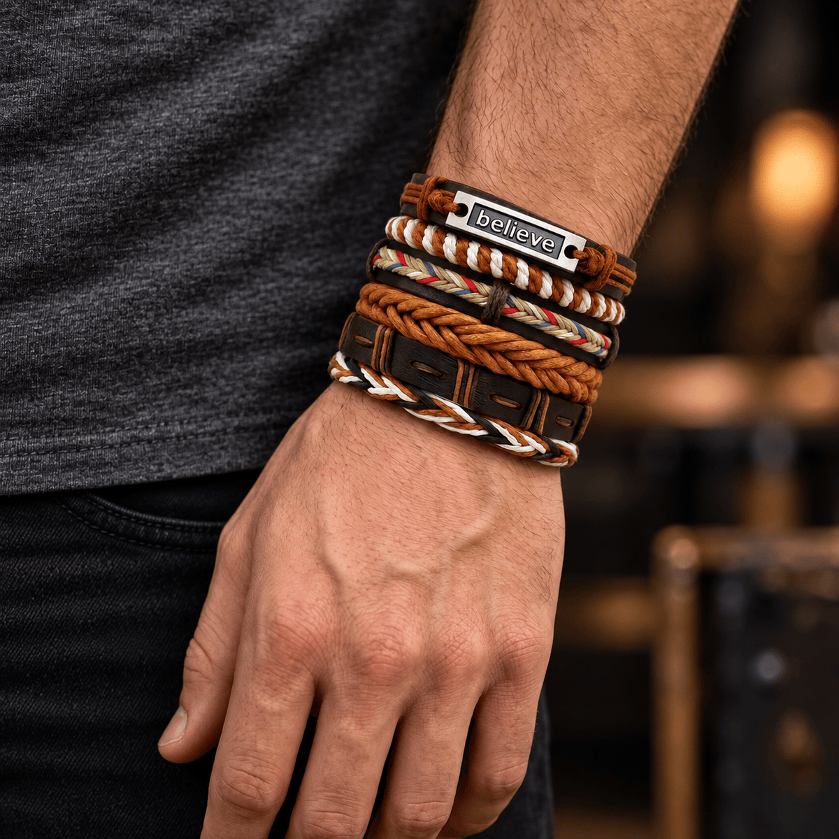 THE MEN THING Leather Bracelet ETHNO BELIEVE - 6 Pcs Genuine Leather Adjustable Bracelet for Men & Boys