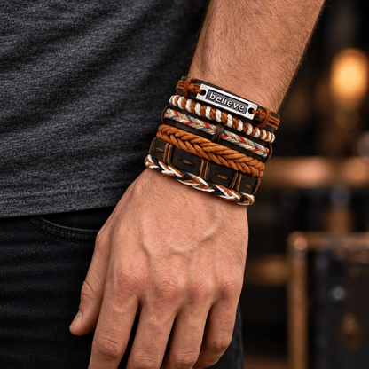 THE MEN THING Leather Bracelet ETHNO BELIEVE - 6 Pcs Genuine Leather Adjustable Bracelet for Men & Boys