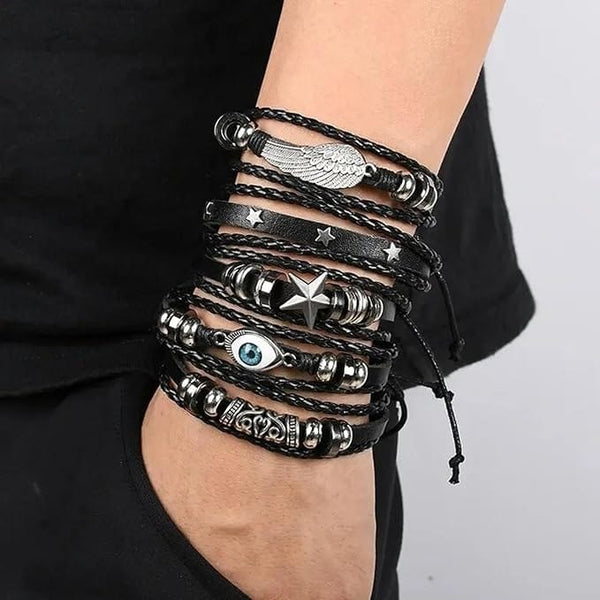 EVOKNIGHT -  5 Pcs Genuine Braided Leather Bracelet Set for Men & Boys (8 inch)