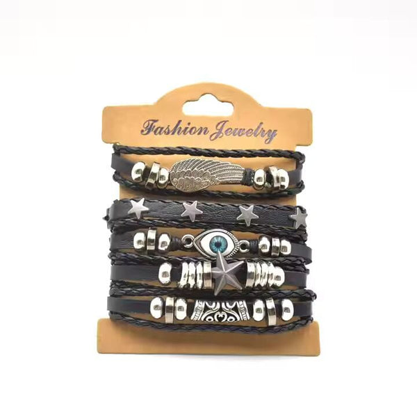 EVOKNIGHT -  5 Pcs Genuine Braided Leather Bracelet Set for Men & Boys (8 inch)