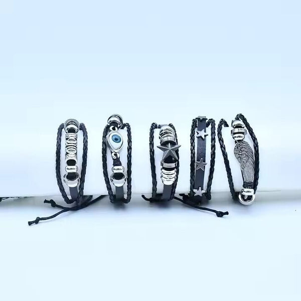 EVOKNIGHT -  5 Pcs Genuine Braided Leather Bracelet Set for Men & Boys (8 inch)