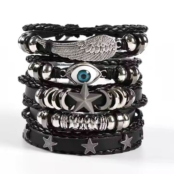 EVOKNIGHT -  5 Pcs Genuine Braided Leather Bracelet Set for Men & Boys (8 inch)