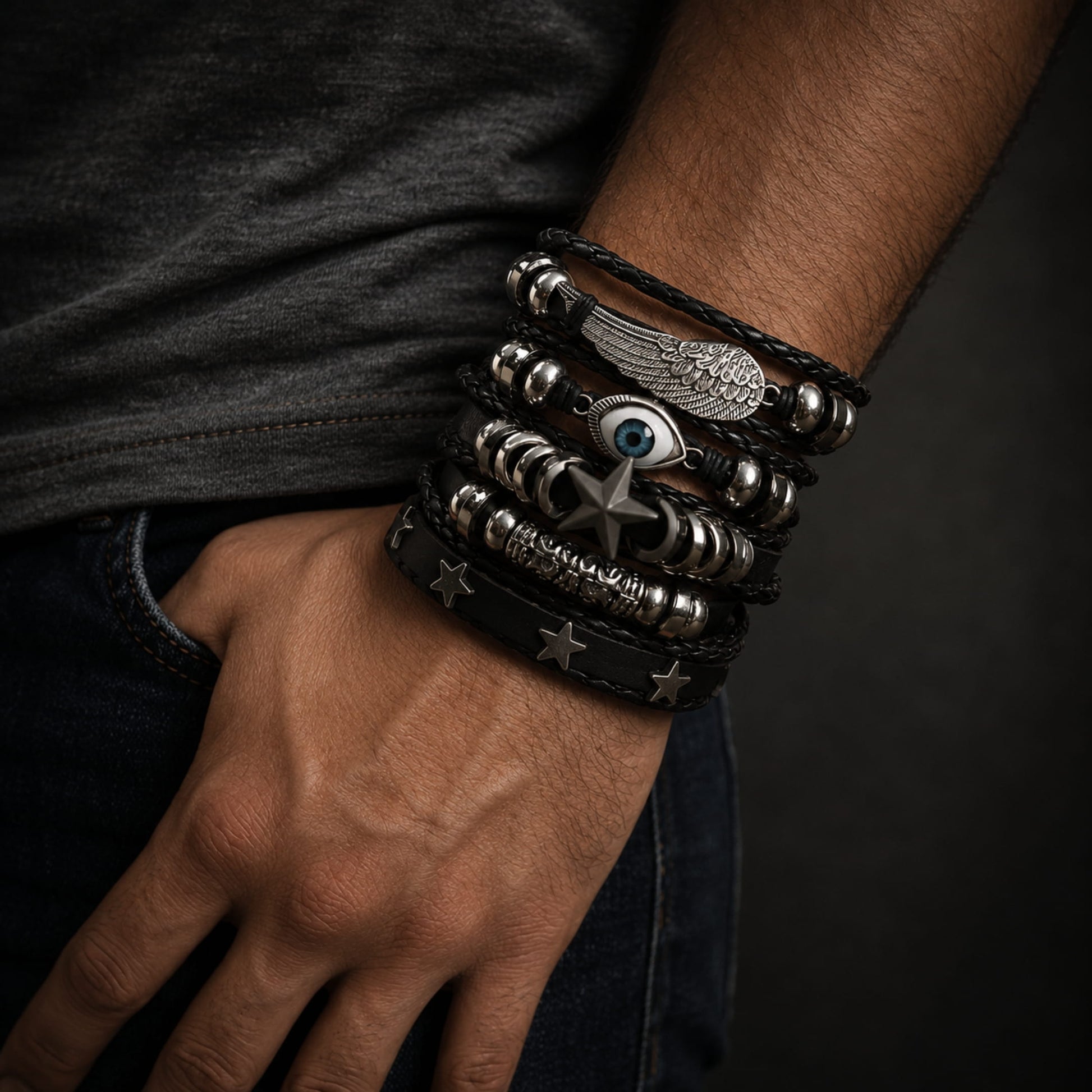 THE MEN THING Leather Bracelet EVOKNIGHT -  5 Pcs Genuine Braided Leather Bracelet Set for Men & Boys (8 inch)