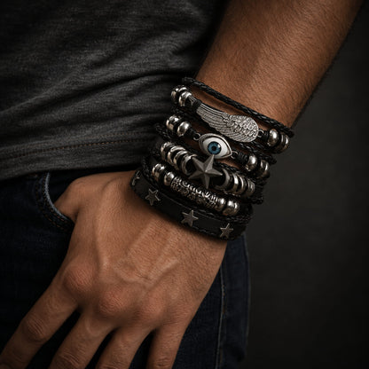 THE MEN THING Leather Bracelet EVOKNIGHT -  5 Pcs Genuine Braided Leather Bracelet Set for Men & Boys (8 inch)