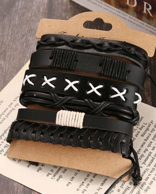 EVOLVE BAND - 6 Pcs Genuine Braided Leather Bracelet Set for Men & Boys (8 inch)
