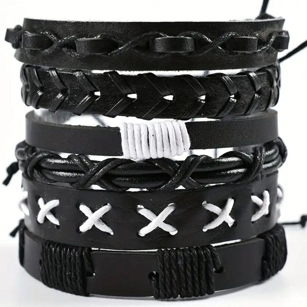 EVOLVE BAND - 6 Pcs Genuine Braided Leather Bracelet Set for Men & Boys (8 inch)