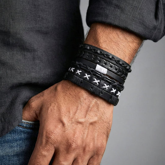 The Men Thing Leather Bracelet EVOLVE BAND - 6 Pcs Genuine Braided Leather Bracelet Set for Men & Boys (8 inch)