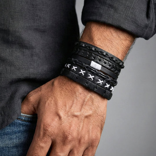 EVOLVE BAND - 6 Pcs Genuine Braided Leather Bracelet Set for Men & Boys (8 inch)