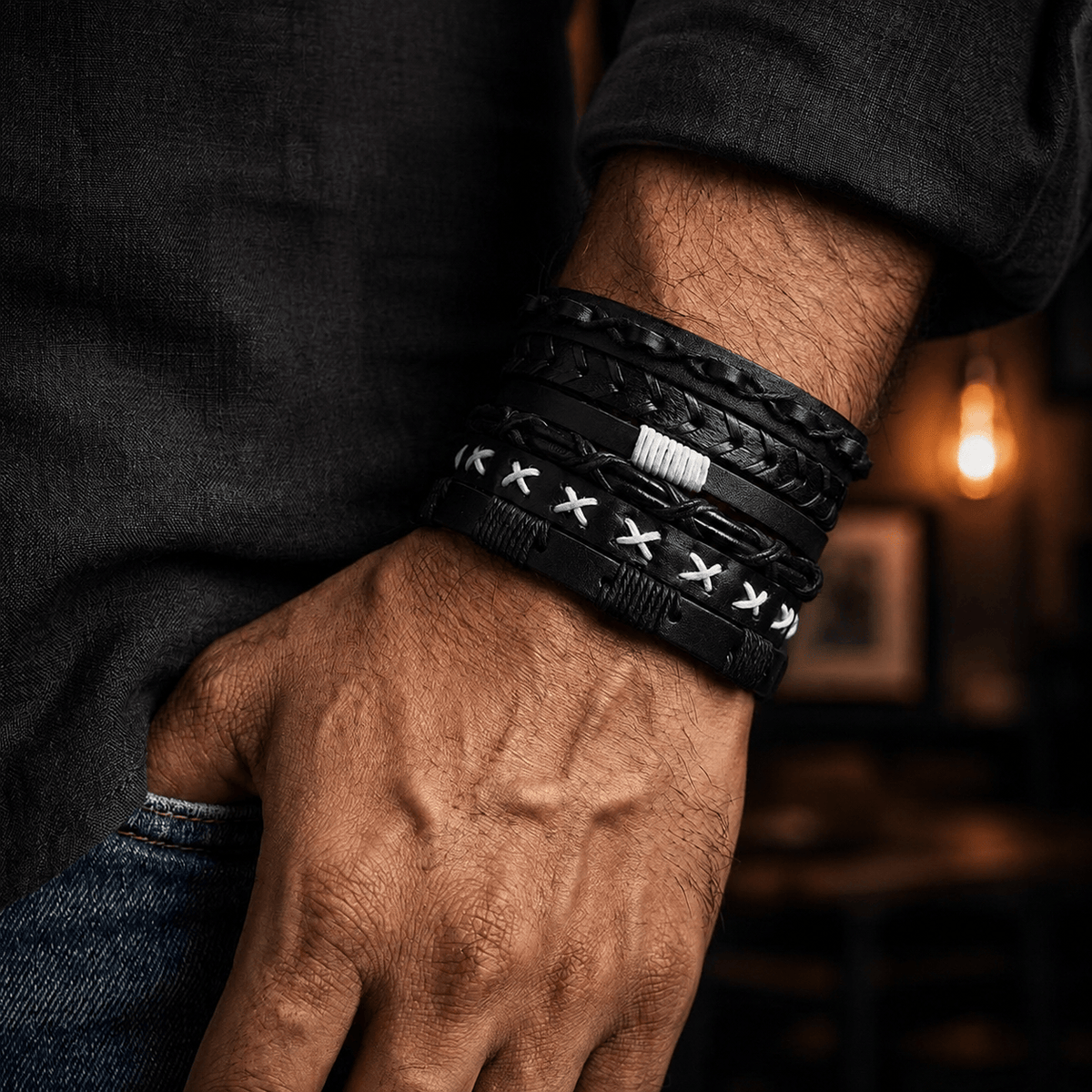 The Men Thing Leather Bracelet EVOLVE BAND - 6 Pcs Genuine Braided Leather Bracelet Set for Men & Boys (8 inch)
