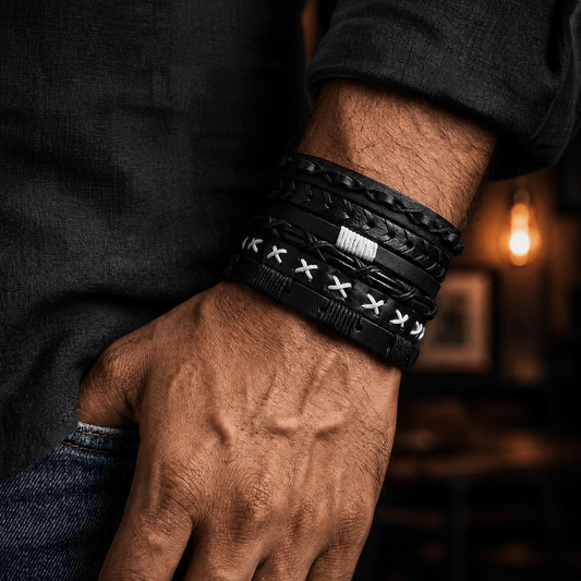 The Men Thing Leather Bracelet EVOLVE BAND - 6 Pcs Genuine Braided Leather Bracelet Set for Men & Boys (8 inch)