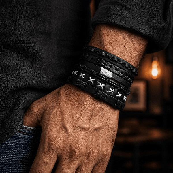 EVOLVE BAND - 6 Pcs Genuine Braided Leather Bracelet Set for Men & Boys (8 inch)
