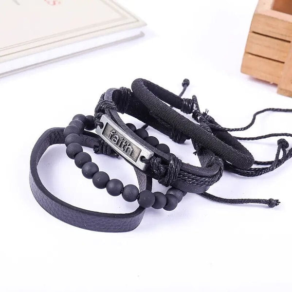 FAITHAURA -  4 Pcs Genuine Braided Leather Bracelet Set for Men & Boys (8 inch)