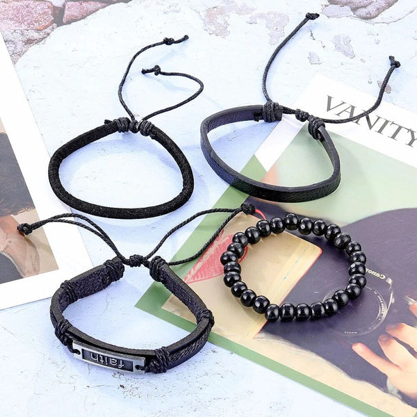 FAITHAURA -  4 Pcs Genuine Braided Leather Bracelet Set for Men & Boys (8 inch)