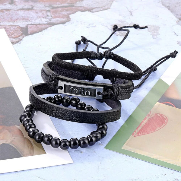 FAITHAURA -  4 Pcs Genuine Braided Leather Bracelet Set for Men & Boys (8 inch)